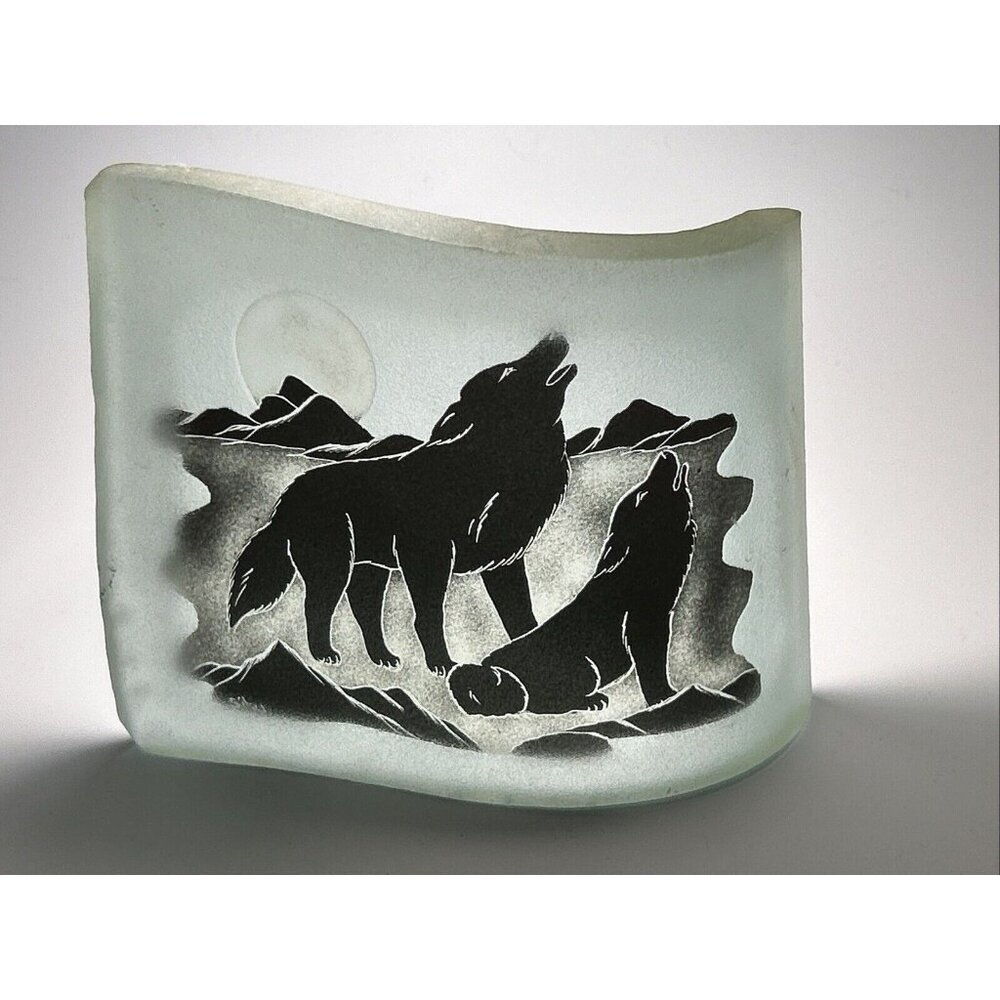 VTG SIKU Aqua Frosted Art Glass Wolf Etching Paperweight Canada Signed E2